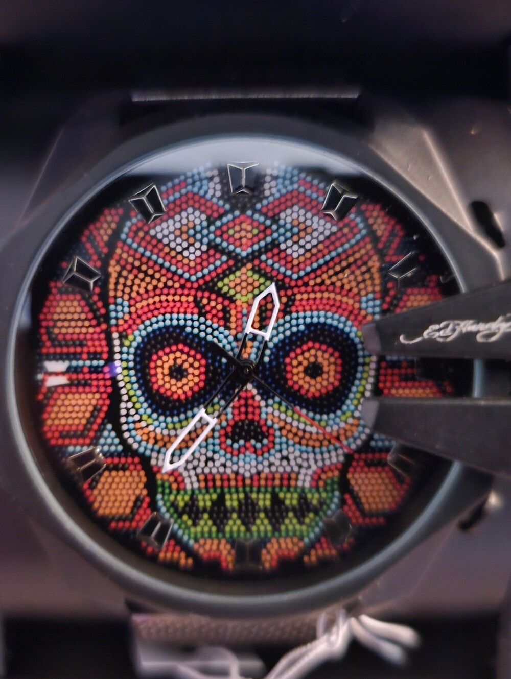NIB NWT Ed Hardy Men's Colorful Sugar Skull Watch, Mesh Stainless Steel Band